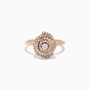 The Pave Rose 14K Rose Gold Diamond Rose Ring showcases a central round diamond encircled by concentric pave-set diamonds, creating an elegant spiral floral design.