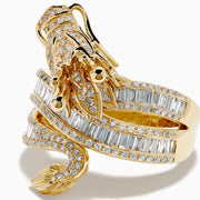 The 14K Yellow Gold Diamond Dragon Wrap Ring features a sculpted dragon adorned with rows of sparkling diamonds on the band and dragon’s body, set in yellow gold and displayed against a white background.