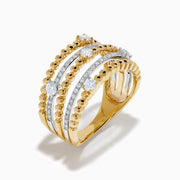 The 14K Two Tone Gold Diamond Beaded Multi Row Ring features four stacked bands with beaded textures and sparkling diamonds set in a symmetrical pattern.