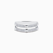 The Pave Classica 14K White Gold Diamond Studded Ring features two parallel rows of sparkling diamonds, separated by polished metal bars for a sleek, modern look.