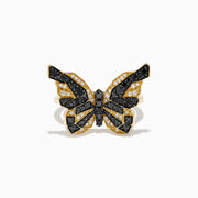 The Safari 14K Yellow Gold Black & White Diamond Butterfly Ring features a butterfly design with black and white diamonds segmented on its wings, set against a white background.