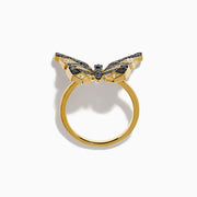 The Safari 14K Yellow Gold Black & White Diamond Butterfly Ring features a butterfly design with black and white diamonds segmented on its wings, set against a white background.
