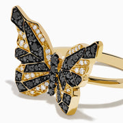 The Safari 14K Yellow Gold Black & White Diamond Butterfly Ring features a butterfly design with black and white diamonds segmented on its wings, set against a white background.