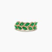 The 14K White Gold Emerald and Diamond Marquise Leaf Ring features a leaf-inspired design adorned with marquise emeralds and sparkling diamond accents.