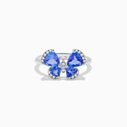 The Nahla Siri 14K White Gold Tanzanite and Diamond Butterfly Ring features four tanzanite blue wings with sparkling diamond outlines, set against a white background.