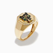 The Men's 14K Yellow Gold Black and White Diamond Panther Signet Ring features a geometric panther face with black and green gemstones in an octagonal bezel, accented by black and white diamonds.
