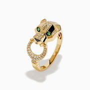 The Signature 14K Yellow Gold Tsavorite and Diamond Panther Ring features a panther head design with tsavorite green gemstone eyes and diamond accents along the head and a circular band in its mouth.