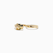 The Signature 14K Yellow Gold Diamond and Tsavorite Two Finger Panther Ring features a geometric panther head with tsavorite green eyes, diamond accents, and dual bands, shown against a white background.
