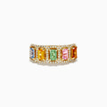 The Watercolors 14K Yellow Gold Multi Sapphire and Diamond Ring features five rectangular sapphires in blue, yellow, green, pink, and orange, each bordered by round diamonds, shown on a white background.