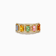 The Watercolors 14K Yellow Gold Multi Sapphire and Diamond Ring features five rectangular sapphires in blue, yellow, green, pink, and orange, each bordered by round diamonds, shown on a white background.
