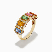 The Watercolors 14K Yellow Gold Multi Sapphire and Diamond Ring features five rectangular sapphires in blue, yellow, green, pink, and orange, each bordered by round diamonds, shown on a white background.