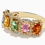 The Watercolors 14K Yellow Gold Multi Sapphire and Diamond Ring features five rectangular sapphires in blue, yellow, green, pink, and orange, each bordered by round diamonds, shown on a white background.