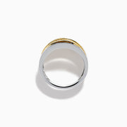 The Sterling Silver and 14K Yellow Gold Plated Diamond Statement Ring features a wide, polished band with three parallel gold-plated bands set with sparkling white stones for a modern, elegant look.