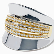 The Sterling Silver and 14K Yellow Gold Plated Diamond Statement Ring features a wide, polished band with three parallel gold-plated bands set with sparkling white stones for a modern, elegant look.
