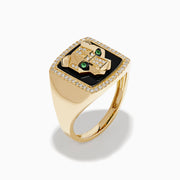 Men's 14K yellow gold panther ring with onyx background, diamond accents outlining the face and border, and a detailed panther head design.