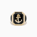 The Men's 14K Yellow Gold Onyx and Diamond Anchor Signet Ring features a black octagonal onyx face with a diamond-studded anchor at the center.