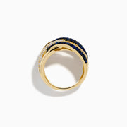 The 14K Yellow Gold Sapphire and Diamond Crossover Ring features multiple overlapping bands with alternating rows of sapphires and diamonds, creating a layered, intricate look.
