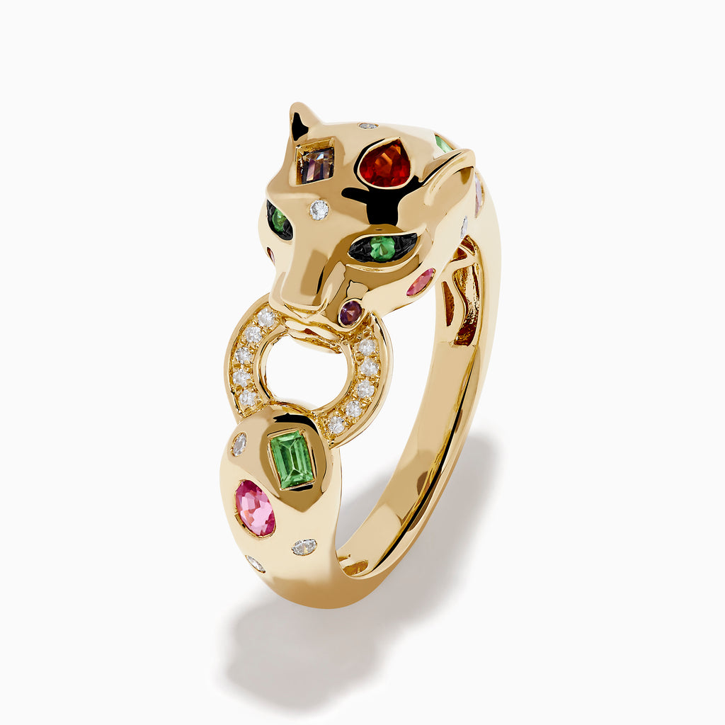 The Signature 14K Yellow Gold Multi Sapphire and Diamond Panther Ring showcases colorful sapphires and diamonds, set in a bold design inspired by a panther motif.
