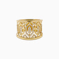 The D'Oro 14K Yellow Gold Geometric Diamond Ring features a wide band with intricate geometric patterns set with sparkling white diamonds, offering an ornate and luxurious look.