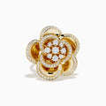 The 14K Yellow Gold Diamond Pave Bloom Ring features a flower design with overlapping diamond-outlined petals and larger center diamonds, showcased on a white background.