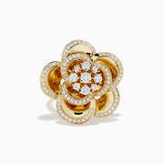 The 14K Yellow Gold Diamond Pave Bloom Ring features a flower design with overlapping diamond-outlined petals and larger center diamonds, showcased on a white background.