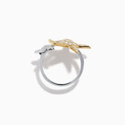The 18K Two Tone Gold Diamond Double Starfish Ring features overlapping gold and silver starfish set with sparkling diamonds on a sleek silver band, creating a striking two-tone look against a white background.
