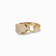 The Signature 14K Yellow Gold Diamond Panther Ring features a panther’s head with diamond accents, green gemstone eyes, black detailing, and a ring held in its mouth.