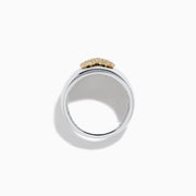 The 925 Sterling Silver with 14K Yellow Gold Plating Diamond Heart Wide Band Ring showcases a gold-plated diamond heart centerpiece, accented with sparkling diamonds, displayed on a white background.