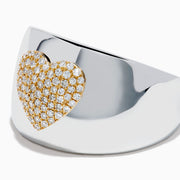 The 925 Sterling Silver with 14K Yellow Gold Plating Diamond Heart Wide Band Ring showcases a gold-plated diamond heart centerpiece, accented with sparkling diamonds, displayed on a white background.
