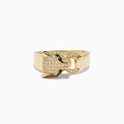 The Signature 14K Yellow Gold Diamond and Emerald Panther Ring features a sculpted panther head with diamond pavé, vivid emerald eyes, and a hoop in its mouth, all set on a ribbed yellow gold band.