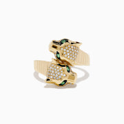 The Signature 14K Yellow Gold Diamond and Emerald Panther Bypass Ring features a panther head with emerald eyes, black enamel accents, and pavé diamonds on its face and band, set against a white background.