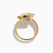 The Signature 14K Yellow Gold Diamond and Emerald Panther Bypass Ring features a panther head with emerald eyes, black enamel accents, and pavé diamonds on its face and band, set against a white background.