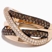 The 14K Rose Gold Brown and White Diamond Crossover Ring showcases interwoven bands accented with sparkling white diamonds and rich brown gemstones, creating a stunning layered and elegant look.