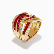 The 14K Yellow Gold Ruby and Diamond Crossover Ring showcases interwoven rows of rectangular red rubies and round white diamonds in a wavy, braided design across the band.