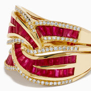 The 14K Yellow Gold Ruby and Diamond Crossover Ring showcases interwoven rows of rectangular red rubies and round white diamonds in a wavy, braided design across the band.