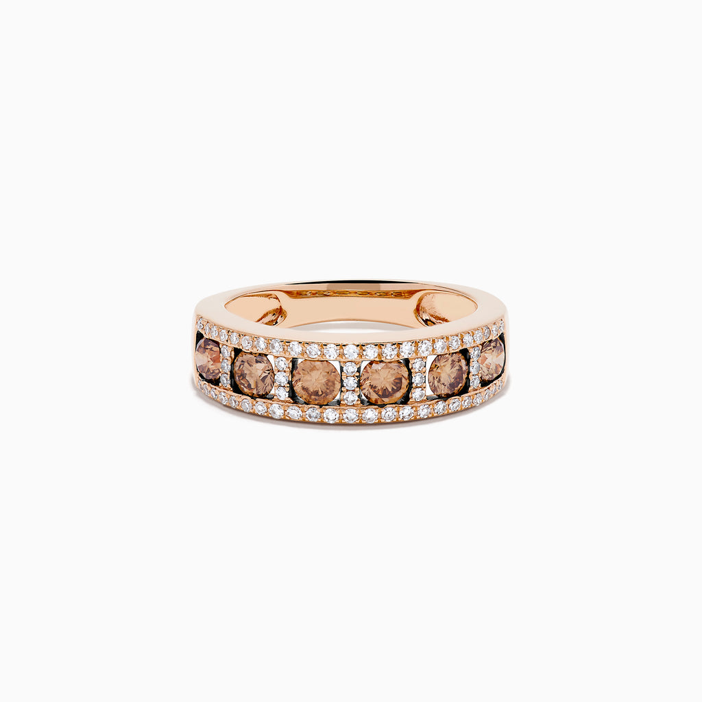 The 14K Rose Gold Brown and White Diamond Band showcases a center row of round brown gems bordered by two rows of sparkling white diamonds, all set in 14K rose gold and displayed on a white background.