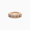 The 14K Rose Gold Brown and White Diamond Band showcases a center row of round brown gems bordered by two rows of sparkling white diamonds, all set in 14K rose gold and displayed on a white background.
