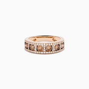 The 14K Rose Gold Brown and White Diamond Band showcases a center row of round brown gems bordered by two rows of sparkling white diamonds, all set in 14K rose gold and displayed on a white background.