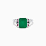The 14K White Gold Emerald, Pink Sapphire, and Diamond Ring features a vibrant green emerald accented by pink sapphires and diamonds in modern geometric settings for an elegant look.