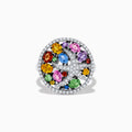 The Watercolors 14K White Gold Diamond and Multi Sapphire Ring showcases a round bird-motif face, adorned with vibrant sapphires and bordered by sparkling diamonds.