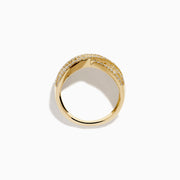 The D'Oro 14K Yellow Gold Diamond Criss Cross Ring showcases wide, polished bands crossed with baguette-cut diamonds and bordered by round diamonds for a dazzling look.