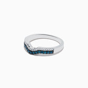Introducing the Bella Bleu 14K White Gold Blue and White Diamond Ring, featuring a subtle V-shaped design with a row of sparkling white diamonds above blue diamonds set into the band.