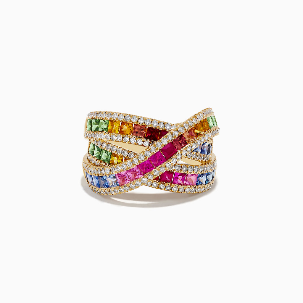 The Watercolors 14K Yellow Gold Multi Sapphire and Diamond Ring features crisscrossing bands with rows of square-cut sapphires, bordered by small white diamonds.