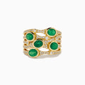 The 14K Yellow Gold Bezel Emerald and Diamond Multi Row Ring features five round green emeralds set in separate bands, accented with white diamonds and intricate detailing for a striking design.