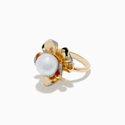 The Pearl 14K Yellow Gold Pearl and Diamond Flower Ring features petal-shaped diamond accents and a large round white pearl at the center, shown on a white background.