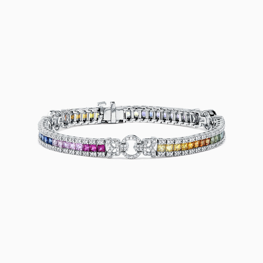 The Watercolors 14K White Gold Multi Sapphire & Diamond Bracelet showcases square sapphires in a rainbow gradient, accented with diamonds and secured with a clasp.