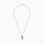 The 925 Sterling Silver Sapphire Splash Dolphin Pendant (1.30 TCW) necklace features a dolphin pendant with sapphire-blue gemstones, shown on a white background.