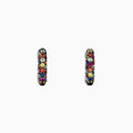 A pair of 925 Sterling Silver Multi Sapphire Splash Hoop Earrings, 1.98 TCW, featuring rows of colorful gemstones in dark metal, displayed on a white background.