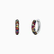 A pair of 925 Sterling Silver Multi Sapphire Splash Hoop Earrings, 1.98 TCW, featuring rows of colorful gemstones in dark metal, displayed on a white background.