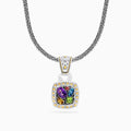 A 925 Sterling Silver & 18K Gold Accent Multi Gemstone Pendant, 1.59 TCW, features a woven chain and a square pendant with purple, yellow, green, and blue stones plus silver beaded details.